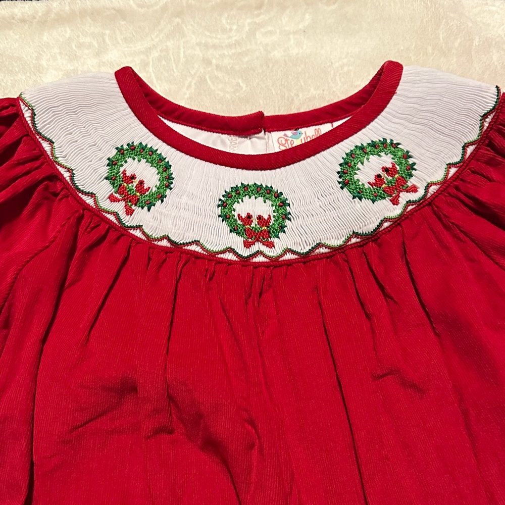 Stellybelly Red Corduroy Smocked Christmas Wreath and Cardinal Dress Sz 6 NWT - Picture 3 of 5